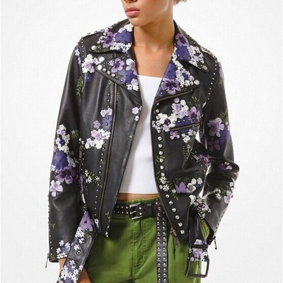 NEW!! $645 MICHAEL KORS Floral Embroidered Leather Moto Jacket; Size Small - Picture 2 of 8